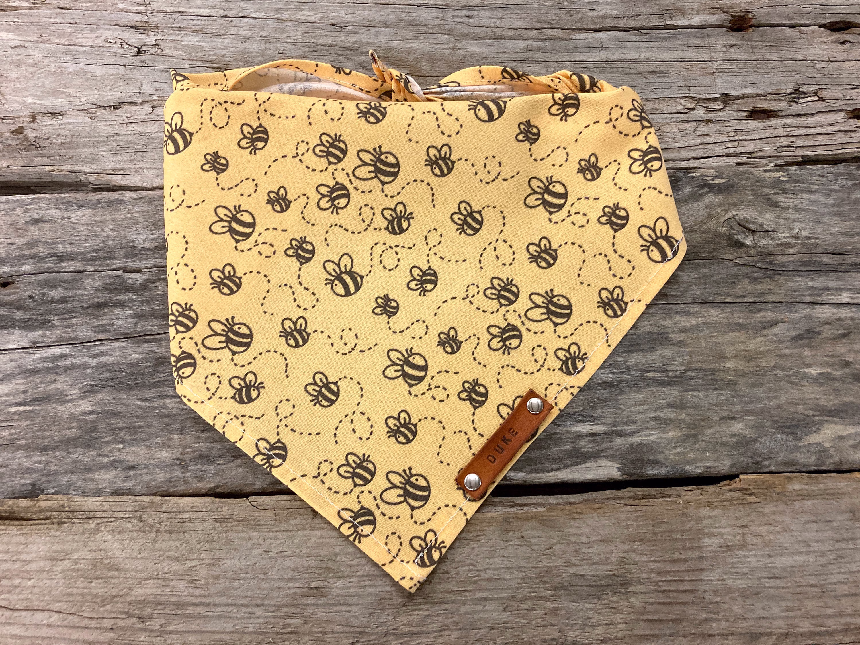 Dog Bandana, Bumble Bees Flying, Traditional Tie, Personalized Leather Name Tag Bandanna, Scarf, Pet Accessories, Puppy Bandana