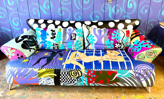 Hand Painted Leather Sofa in Matisse Style Contact Me Regarding Shipping