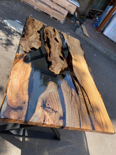 Handmade Dining Table, Custom 60" X 36" Epoxy Olive Wood Smokey Gray Live Edge Order For Cynthia T