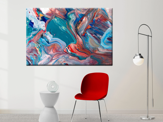 Colored Liquid Marble, Blue-Red, Paint Mix, White Color Detail, Abstract Brush Stains, Experimental Art, Canvas Painting, Modern Art, Wall Decor