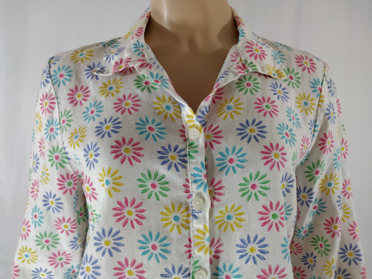 Women's Shirt Top White Colorful Flowers Fresh Upbeat 100% Linen Floral Buttons Crisp Excellent Condition Vintage By Fresh Produce Size S
