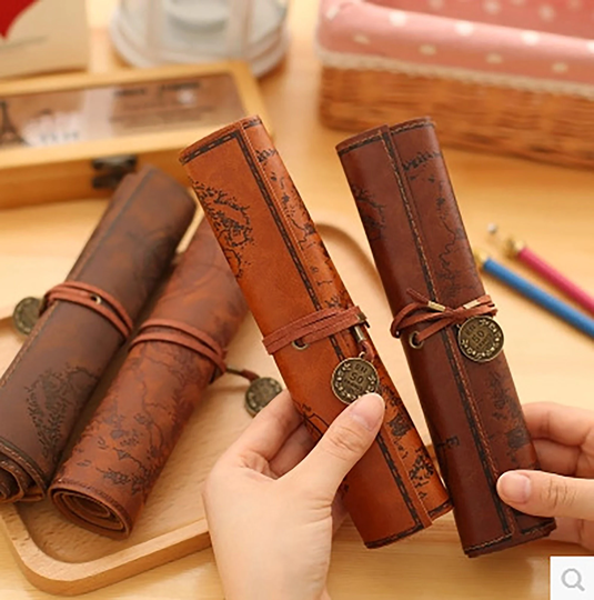Pu Leather Rollup Pen Bag, Vintage Creative Map Pencil Case, Smooth Cover Storage Pouch, Art Makeup Cosmetic Soft Wrap Bag Stationery