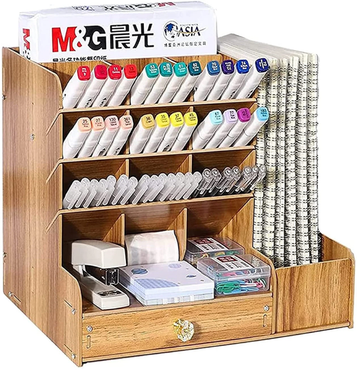 Wooden Pencil Holder Pen Organizer For Desk With 15 Compartments Drawer Desktop Stationary Storage Caddy Brown