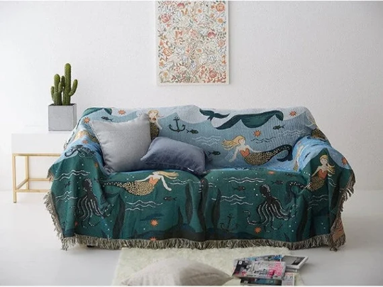Mermaid Soft Cotton Sofa Throw Blanket. Living Room Blue Sea Tapestry With Tassel. Girl's Blanket Boho Large Fabric Wall Hanging