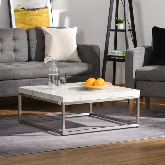 HOMCOM Square Coffee Table with Faux Marble Tabletop, Modern Sofa Side Table with Stainless Steel Frame for Living Room
