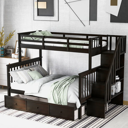 Twin-Over-Full Bunk Bed with Drawer, Storage and Guard Rail,Espresso
