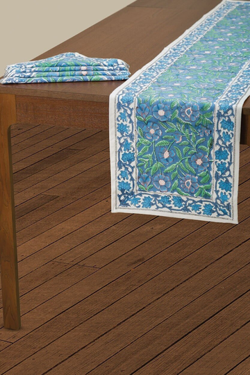 Sage Green & Blue Floral Block Print Table Runner