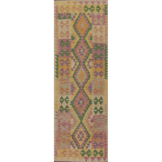 Colorful Geometric Kilim Oriental Runner Rug Flat-weave Wool Carpet - 2'11"x 9'9"