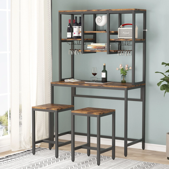 Bar Table Set, Pub Table and Chairs Set of 2, Industrial Wine Rack Table with Glass Holder