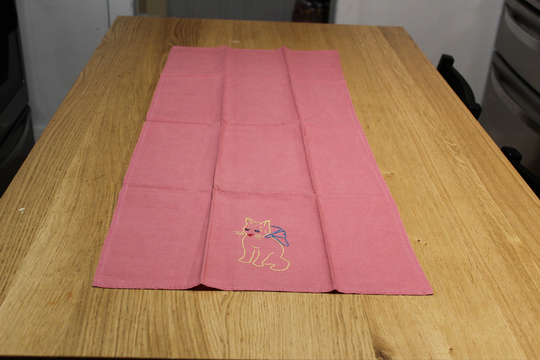 Vintage Dresser Scarf Table Runner Pink Embroidered Cat Hand Made Farmhouse