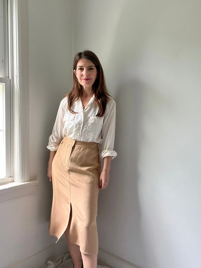 Vintage 90S Silk Cargo Skirt Size Med, Tan Pencil With Pockets Med/Large