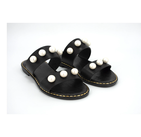 Womens Slide Sandals With Pearl, Black Leather Sandals, Greek Sandals, Designer Sandals, Strappy Sandals, Custom Shoes, Black Shoes