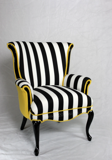 Free Shipping - Can Replicate -Sold Made in The USA Shipping Black & White Striped Vintage Round Wing Back Chair With Yellow Velvet