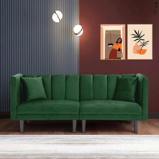 Twin Size Sleeper Sofa Velvet Futon Loveseat Sofa with Detachable Armrests and 2 Pillows, Green