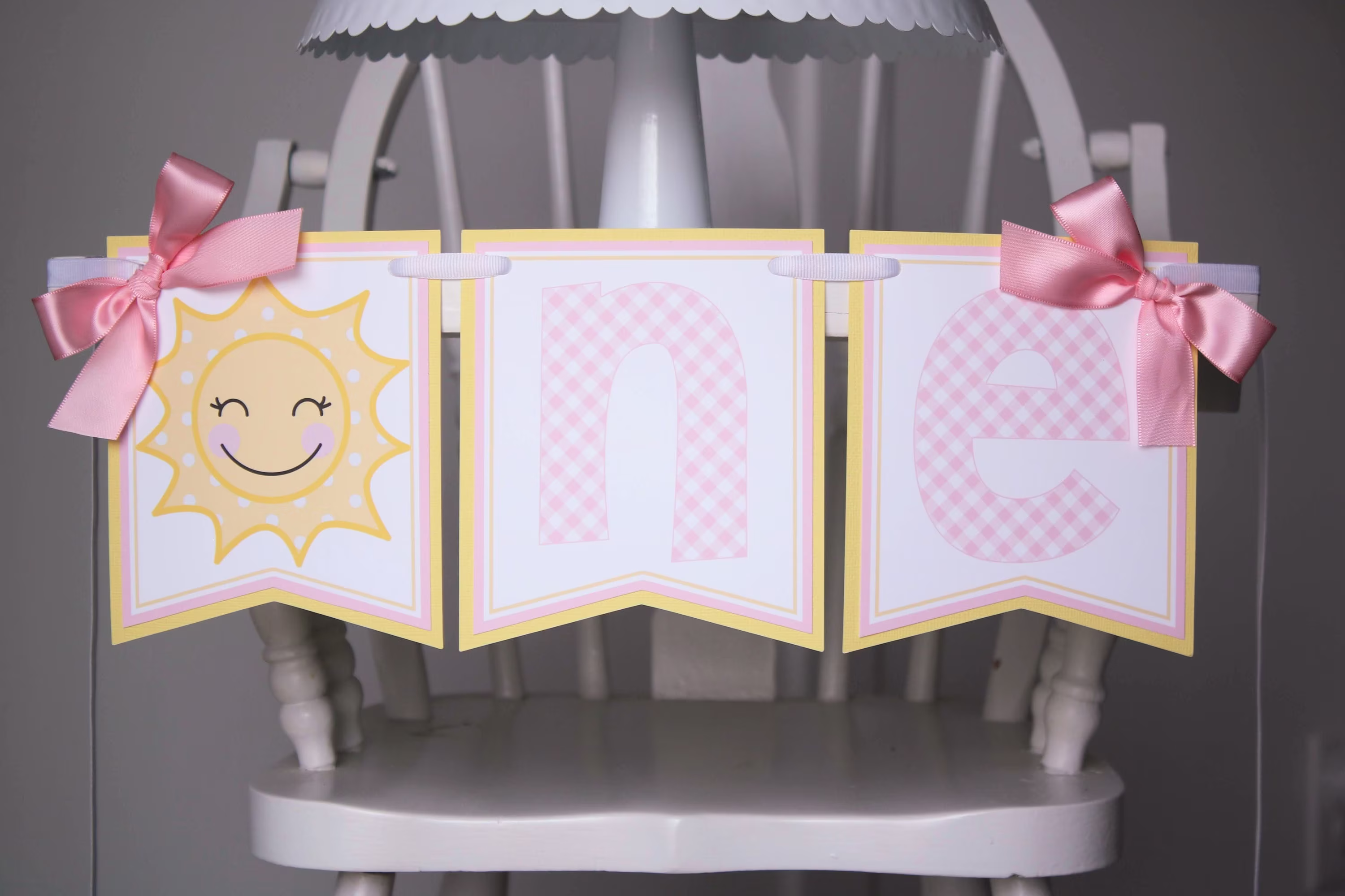 Sunshine High Chair Banner, You Are My Decoration, Pink Gingham First Birthday Party Banner