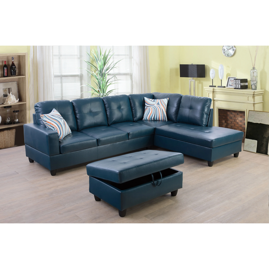 Denim Blue Faux Leather Right Facing 3-piece Sectional Sofa Set(9518B)