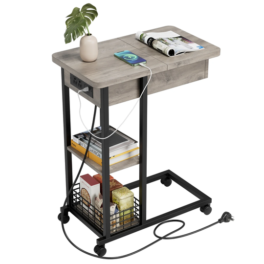 C Shaped Side Table with Charging Station, Flip Top Sofa End Table with USB Ports and Outlets