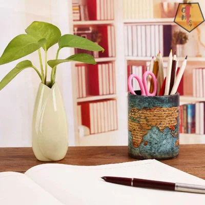 Office Desk Accessories Pu Leather Cover Round Pens Pencils Holder Desk Organizer (World)