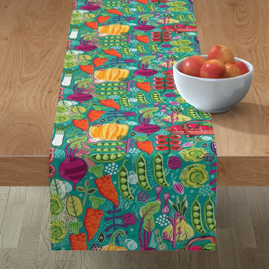 Folk Art Table Runner - Dorset Garden Harvest By Slumbermonkey Bright Hand Drawn Farming Summer Cotton Sateen Spoonflower