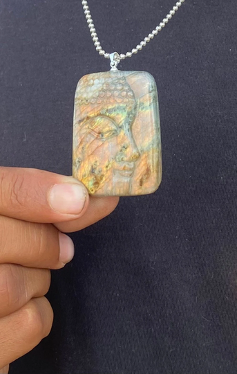 Amazing Colors Buddha Head Hand Carved Gem Quality Labradorite Silver Pendant Necklace. Multi Color Flash From Nevada Usa