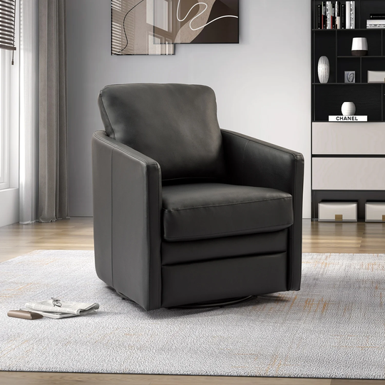Terrance Comfy Leather Swivel Barrel Accent Chair with Metal Base