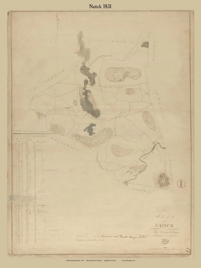 Natick 1831 Town Plan - Old Roads Map Reprint Restored Massachusetts Archives Ma