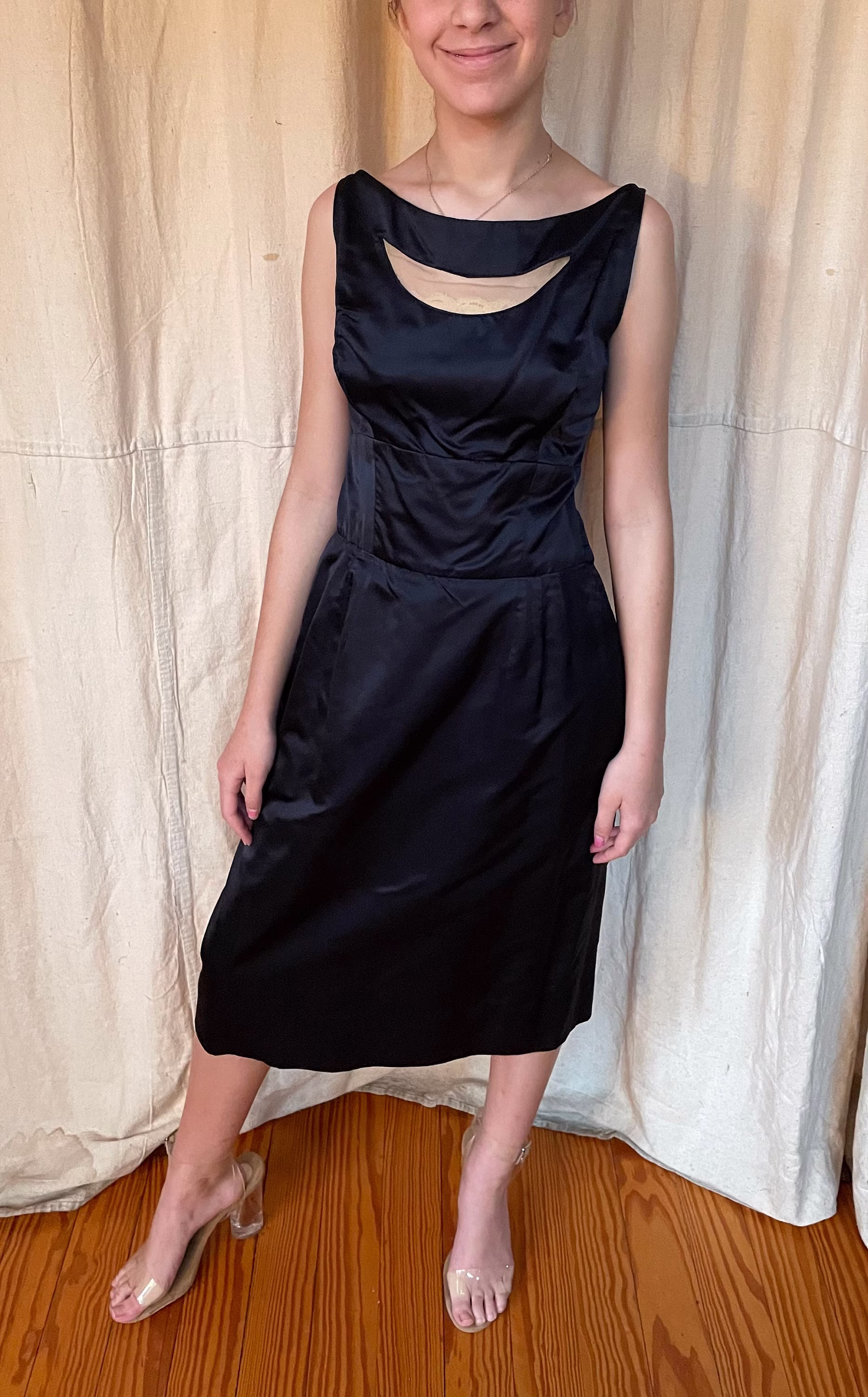 Silk Satin 2 Pc. Dress Lined in Satin & Netting Circa 1950S Pencil Dress, Wiggle Black With Jacket