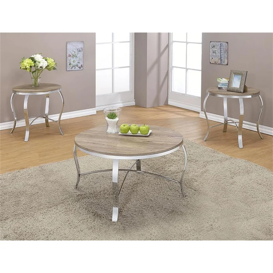 Modern Round Coffee/End Table Set In Weathered Light Oak & Chrome