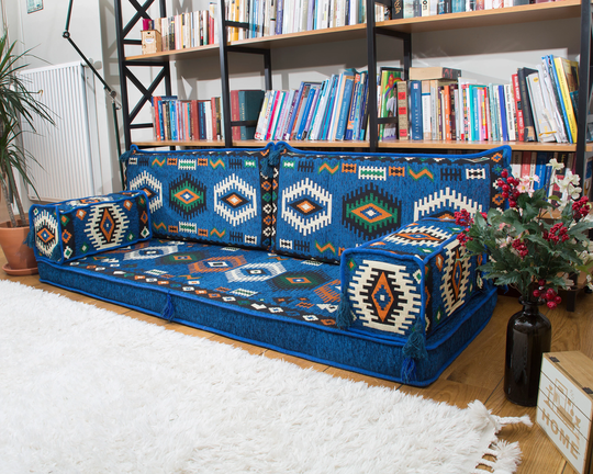 Royal Blue Arabic Sofa Floor Seating, Majlis, Patio Furniture, Loveseat, Cushions, Sectional Sofa, Bench Cushion, Jalsa