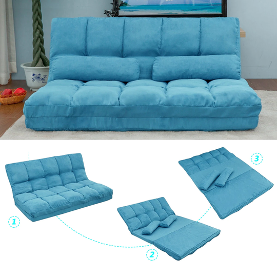 Double Chaise Lounge Sofa with 2 Pillows, Multi-functional Floor Sofa with 5 Position Adjustable Backrest, Blue