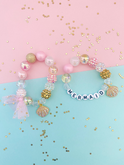 Kids Seashell Mermaid Charm Bracelet, Ocean Beach, Toddler Personalized, Custom Name, Children's, Pink, Tulle