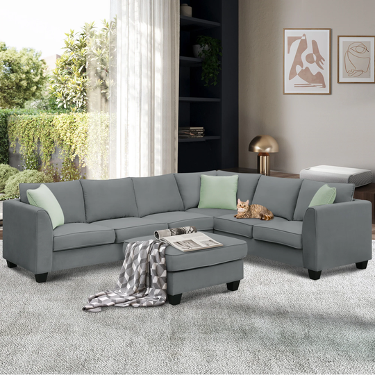 112*87" Sectional Sofa Couches Living Room Sets, 7-Seats Sectional Sofa with Ottoman L-Shape Fabric Sofa, Including 3 Pillows