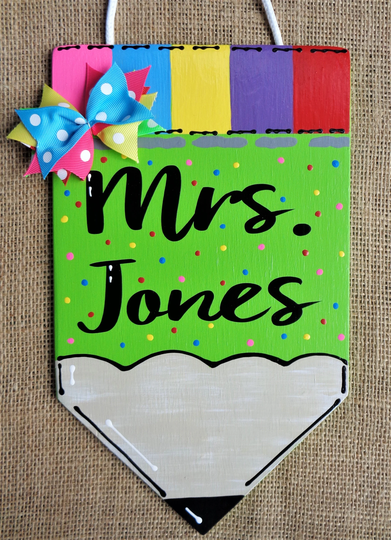 Personalized Teacher Pencil Sign Name Plaque School Class Rainbow Classroom Wall Hanger Handcrafted Hand Painted Wood Wooden Door
