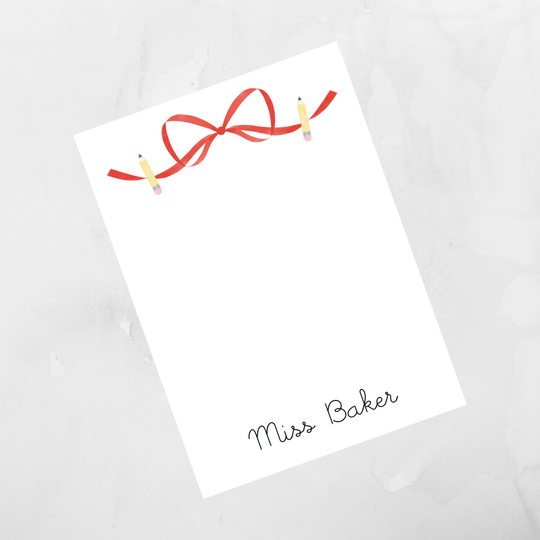 Watercolor Red Bow & Pencil Teacher Notepad, Personalized To Do List, Gift, Back To School