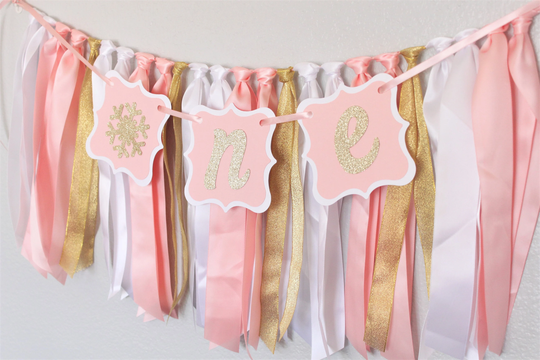 Winter Onederland High Chair Banner, Blush, White, Gold Decor, First Birthday Girl Ribbon Garland, Cake Smash Photo Backdrop