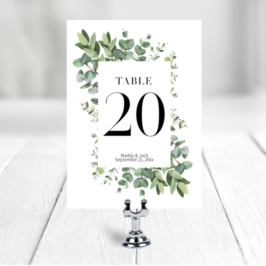 Personalized Eucalyptus Wedding Table Numbers, Wreath Framed Double Sided Cards, Eu1