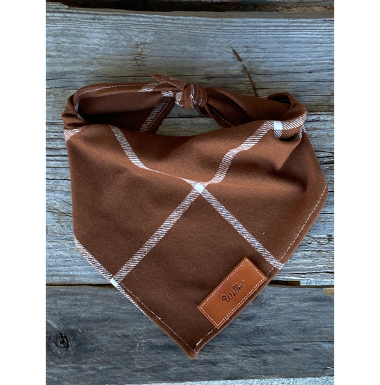 Dog Bandanas, Brown White Plaid Bandana Traditional Tie Personalized Leather Name Tag Over Collar, Pet Accessories