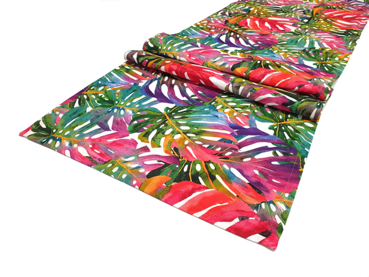 Rainbow Monstera Leaf Pattern Table Runner, 16''x 55'' | 40x140cm Tropical Home Decor Digital Printed Polyester Fabrics Runner
