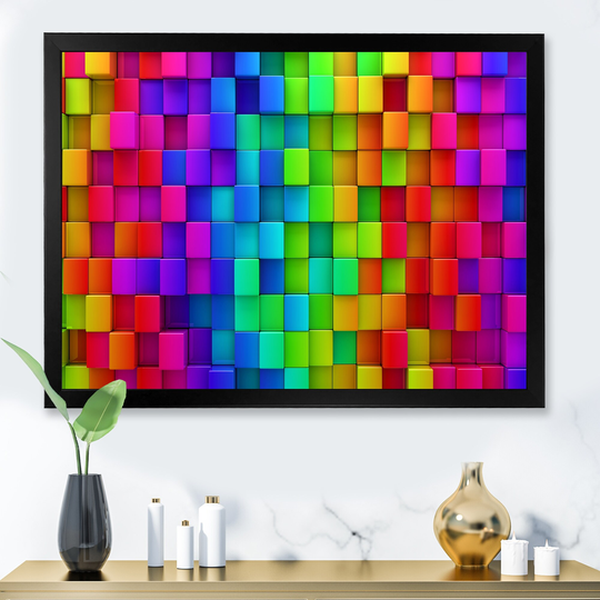 Designart 'Rainbow Of Abstract Colorful Blocks' Patterned Framed Art Print