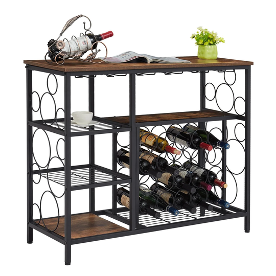 Industrial Console Table with Wine Rack, Wine Rack Table, Bar Cabinet for Liquor & Glass Holder & 3 Tier Storage Shelves