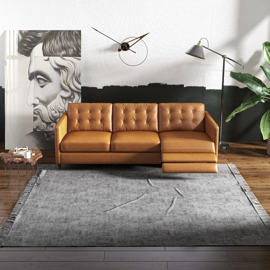 Luigi Mid-Century Modern Tufted Back Genuine Leather Recliner Sofa in Tan