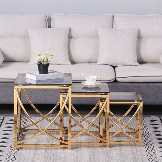 3 Pieces Square Nesting Glass Coffee Tables End Tables- Small Coffee Table Set- Stainless Steel Small Side Tables