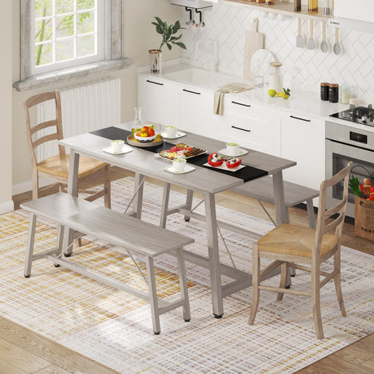 55" Dining Table Set with 2 Benches, Kitchen Table Set for 4 Persons Modern Dining Set
