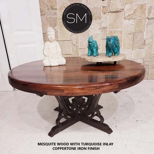 Rustic Mesquite Wood Round Coffee Table Made Wrought Iron Base .handmade Luxury Furniture .mexports By Susana Molina