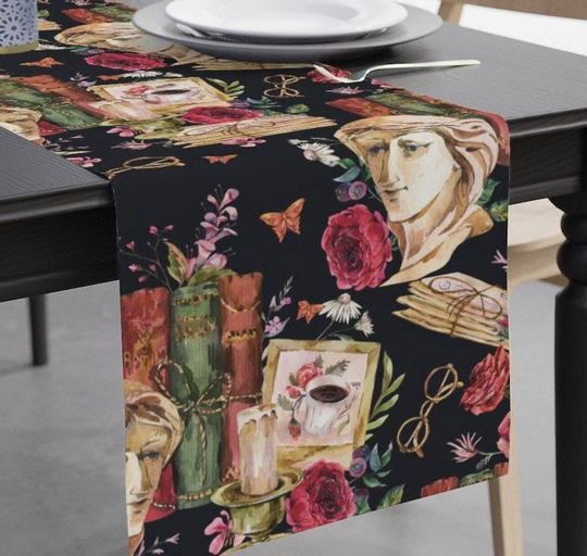 Dark Academia Table Runner - Aesthetic, Vintage Book Decor, Floral Moth
