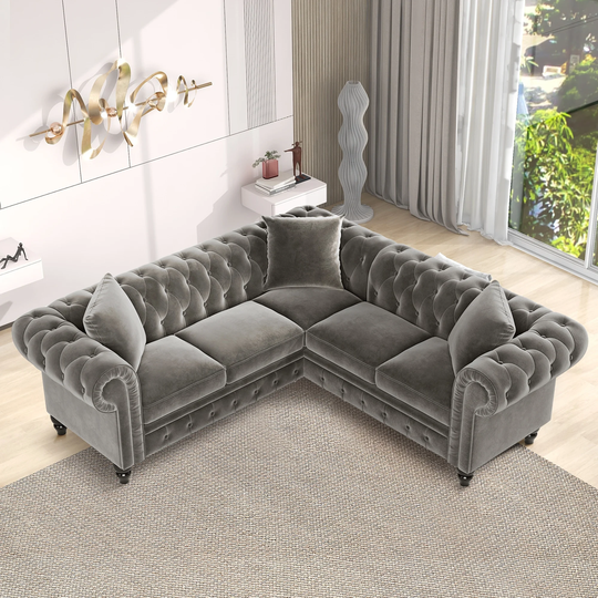 Classic Chesterfield L Shaped Tufted Sectional Sofa Deep Button Velvet Chaies Couch