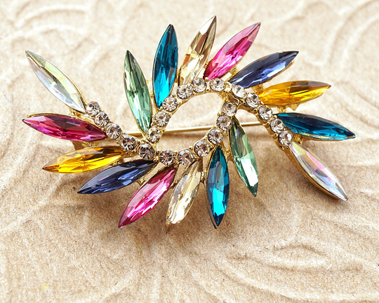 Vintage Colorful Brooch, Gold Marquise Crystals Pin, Multicolor Rhinestone Brooch Scarf Pin Gift For Women Men