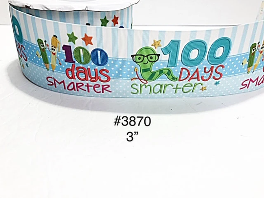 2/3/5 Yard - 3" School 100 Days Of Smarter W Pencil & Caterpillar On Blue Striped & Polka Dot Jumbo Grosgrain Ribbon Craft Supply