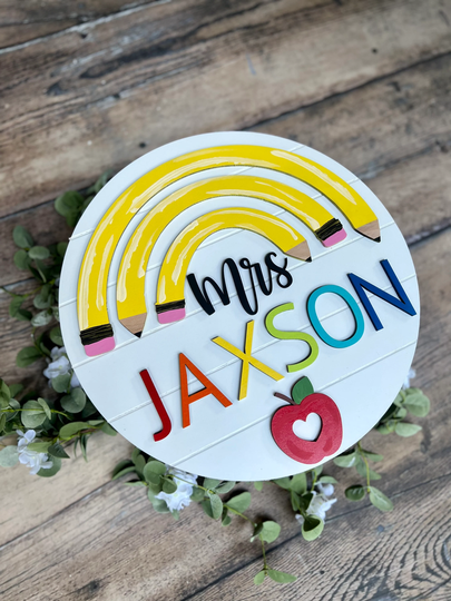 3D Teacher Name Sign, Rainbow Pencil Decor, Personalized Teacher Desktop Sign, Elementary School Gift