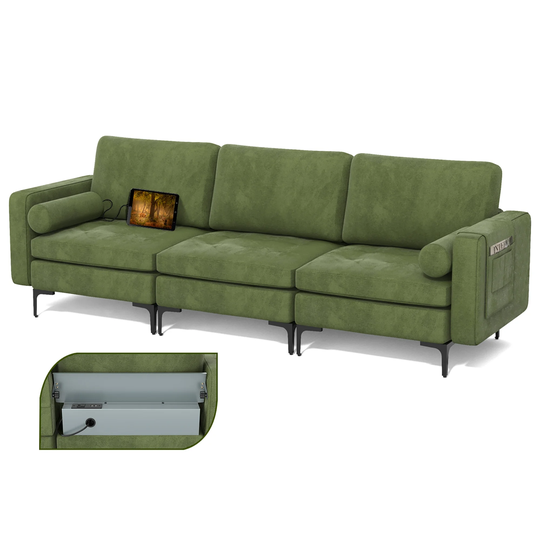 Costway Modular 3-Seat Sofa Couch w/ Socket USB Ports & Side Storage - 97'' x 31'' x 31.5''